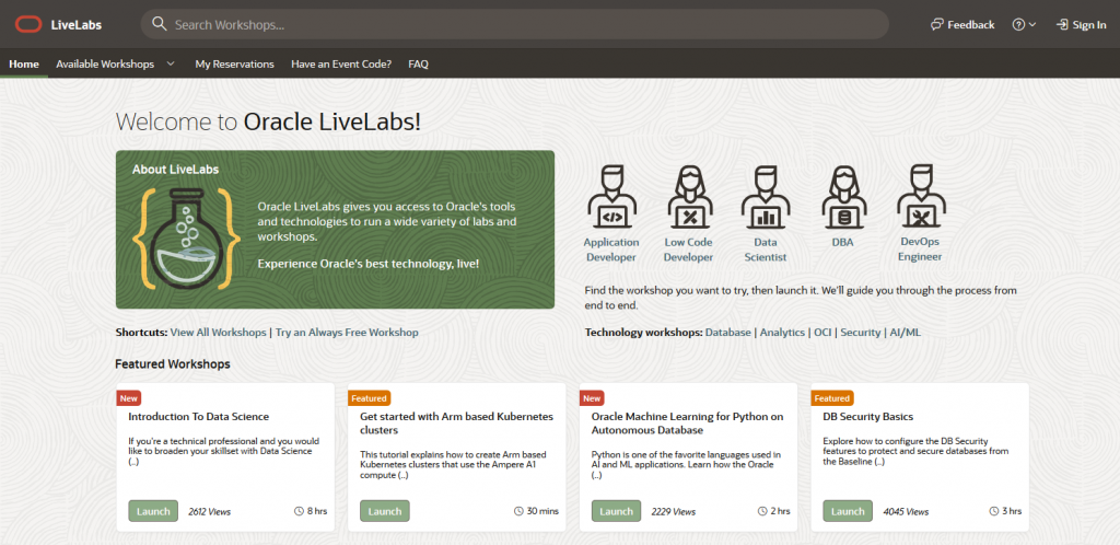 A screenshot of the Oracle LiveLabs site as it existed on June 23, 2021